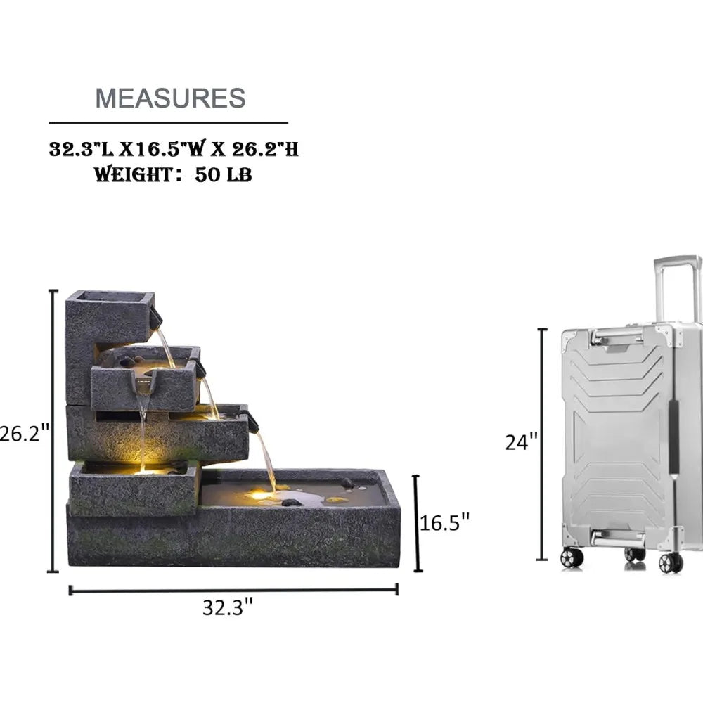 Water Fountain-LEDs Lights, Tiered Outdoor, Garden, Waterfall Indoor, Freestanding, Cascade, Fountain Concrete, Artistry, Modern Style