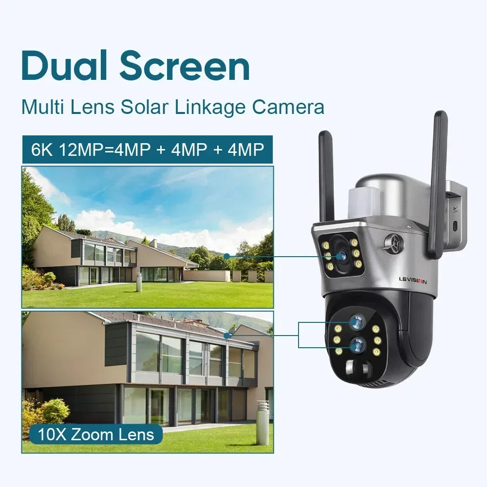 Home Security: Camera: LS VISION 12MP 10X Zoom Dual Screen Solar Camera 6K Ultra HD | Outdoor Surveillance | 4G/WiFi | Three-Lens System | Human Auto Tracking | V380 Pro App