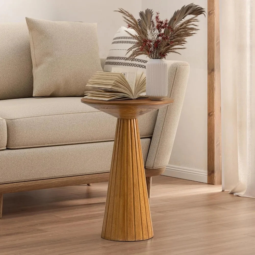 End Table - Compact Walnut Wood Round Pedestal – Martini Table & Plant Stand for Small Spaces