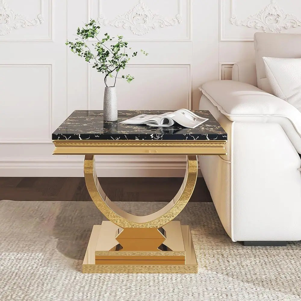 Coffee Table Set- 3-Piece set, 1 Rectangular Coffee Table, 2 Square Side Tables, Elegant Living Room Furniture with Black Marble Top