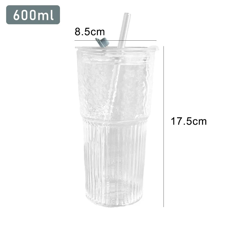 Home Kitchen: Drinkware: 600ml Stripe Glass Cup -  Transparent with Lid and Straw