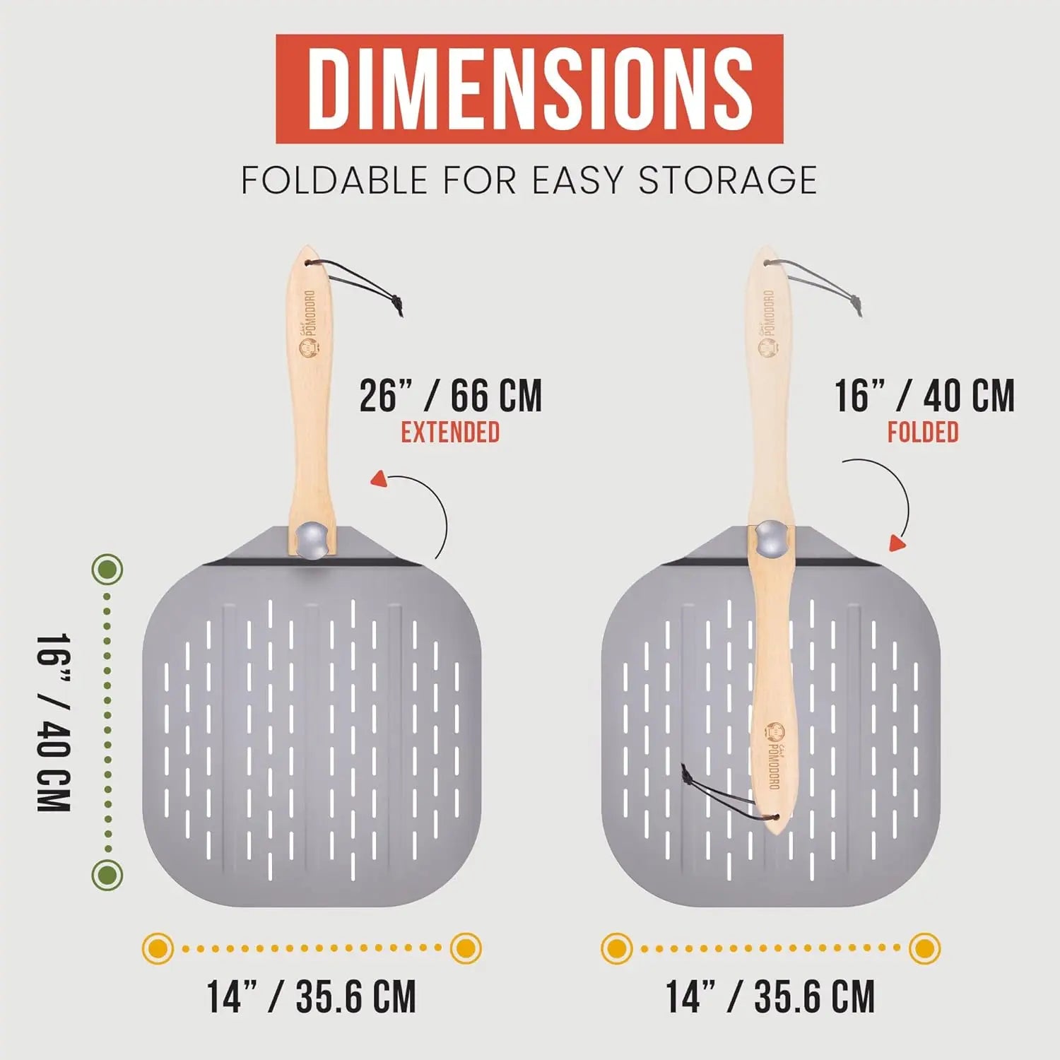 Pizza Peel with Foldable Wood Handle for Easy Storage, Aluminum, 16-Inch, Baking Homemade Pizzas