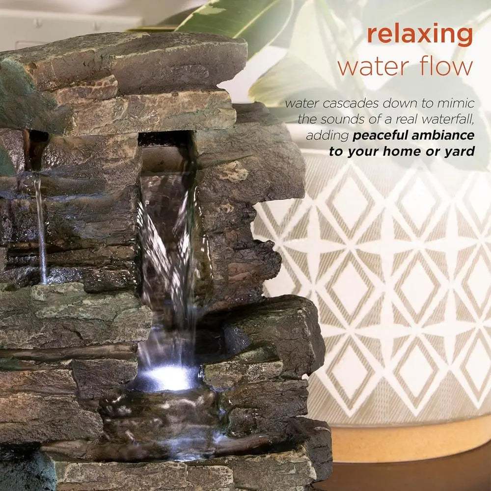 Water Fountain-LED Lights, 13 in Tall, Indoor Tabletop, 4 Tier Cascading, Water Feature, Home, Living Room, Zen Decor,