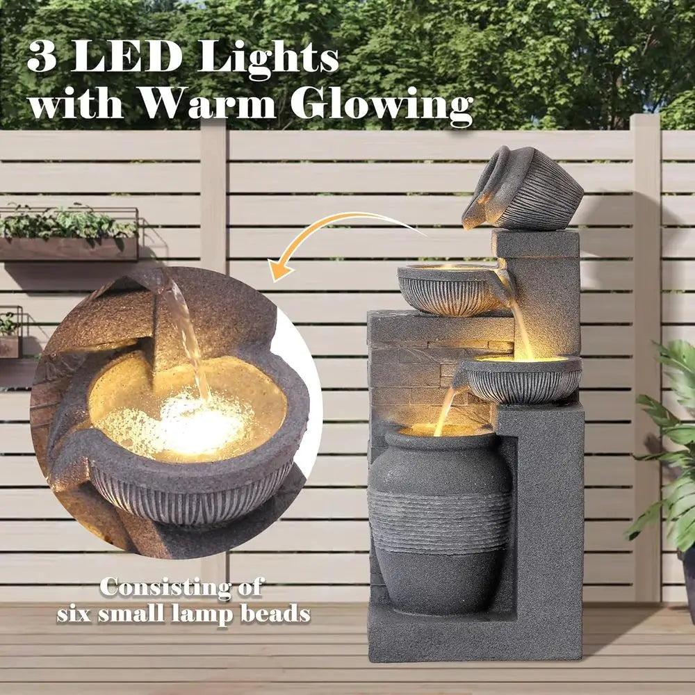Water Fountain-4 Tiers, 32 inch, Cascading Resin Fountains and Waterfalls with LEDs and Bowls, Modern Floor-Stand, Outdoor/Indoor Garden