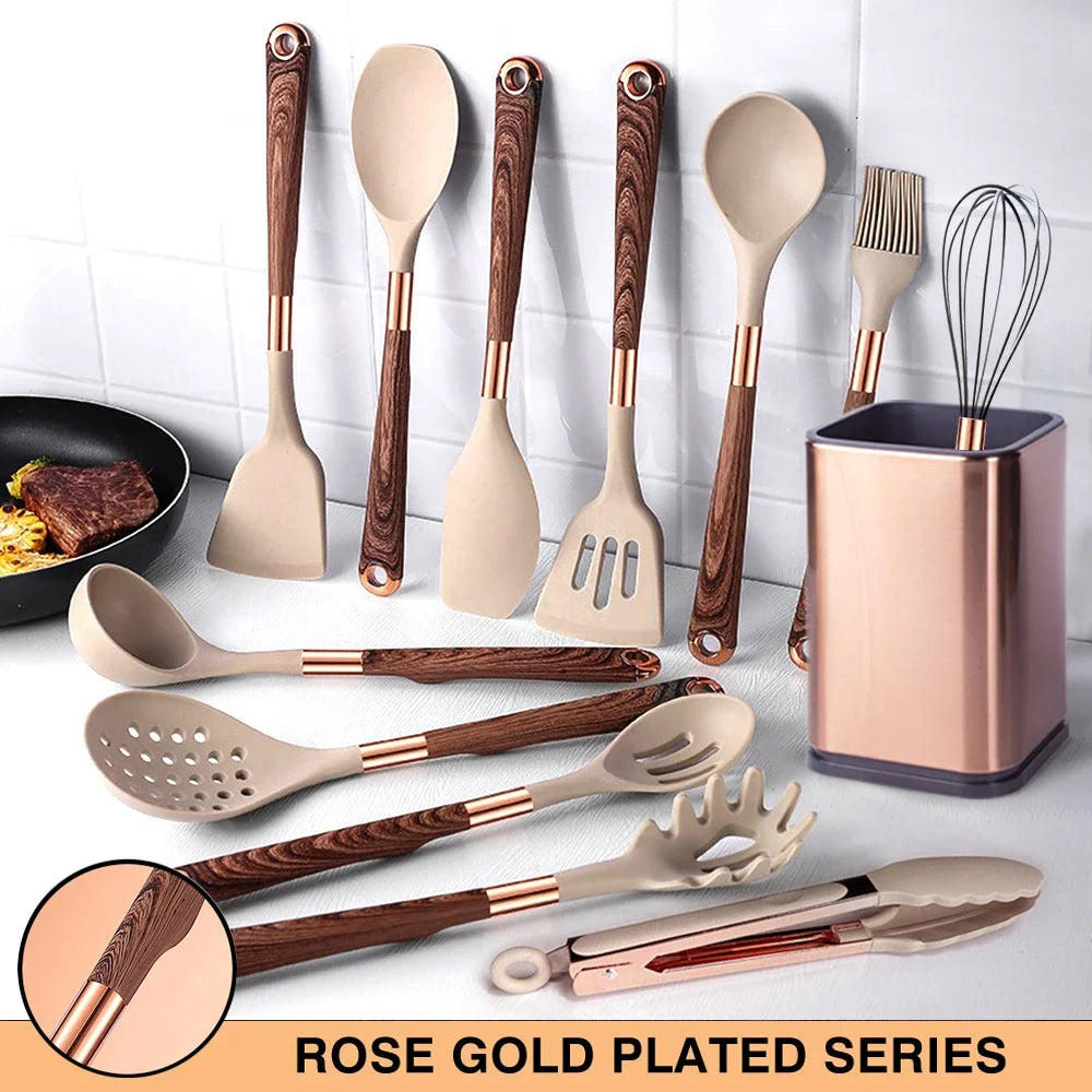 Kitchen- Heat-Resistant Silicone Cooking Set with Gold-Plated Handles – BPA-Free Kitchen Gadgets