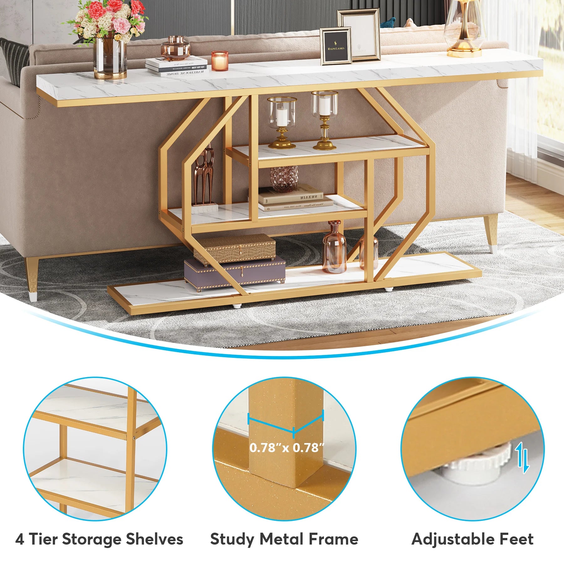Accent Table-Modern Console Table, Gold, Sofa Table, Behind Couch, 4 Tier Storage, Entryway, Tribesigns