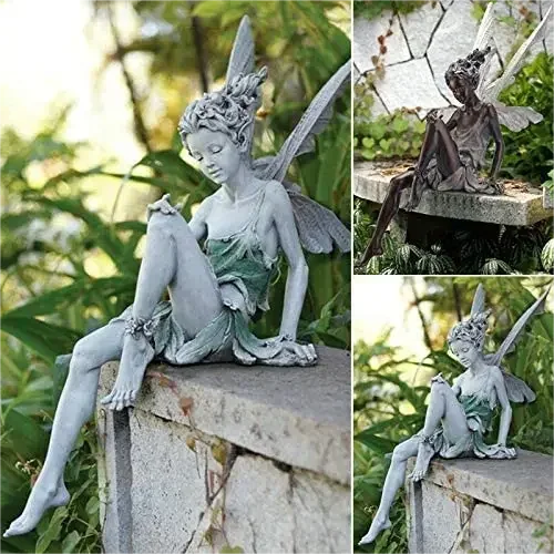 Figurine-Flower Fairy Sculpture, Garden Landscaping, Yard Art Ornament, Resin Turek Sitting Statue Outdoor