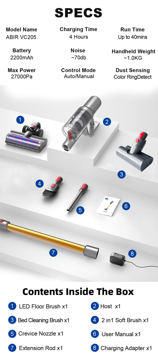 Vacuum Cleaner,Cordless Handheld, 27000PA,Touch Screen,Smart Dust Sensor,Auto Speed Control for Home Bed Carpet Clean