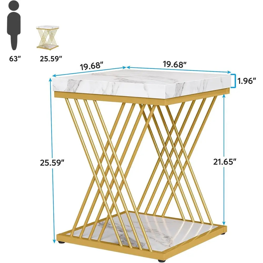 Accent Table-White Gold Marble, 2-Piece Set, Side Table Set, 2-Tier End Table