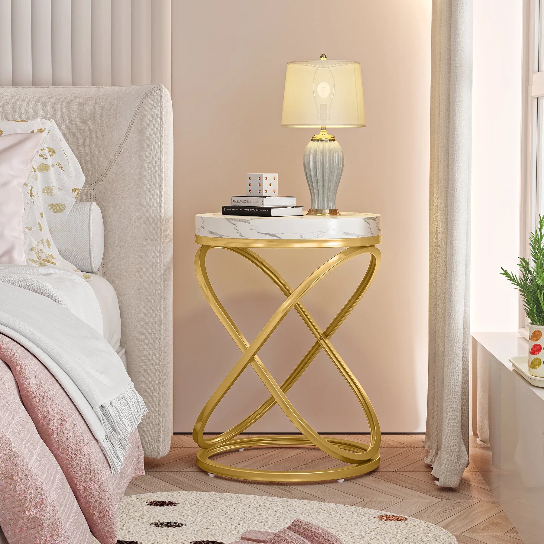 Tribesigns 26 Inches White and Gold Faux Marble Top End Tables Living Room, Round Nightstands Sofa Side Table with X-Shaped