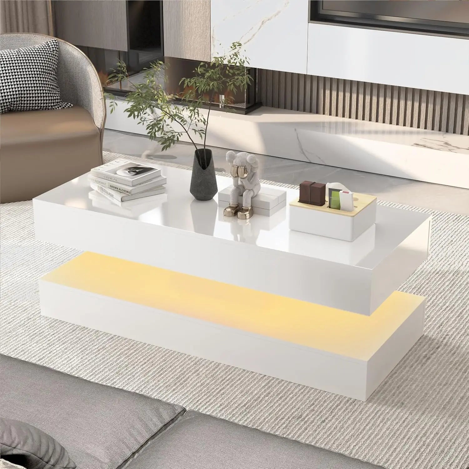 Coffee Table-47.2 High Glossy LED Coffee Table, Modern Center Table with 2 Storage Drawers for Living Room