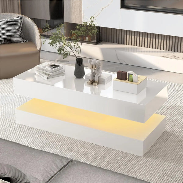 Coffee Table-47.2 High Glossy LED Coffee Table, Modern Center Table with 2 Storage Drawers for Living Room