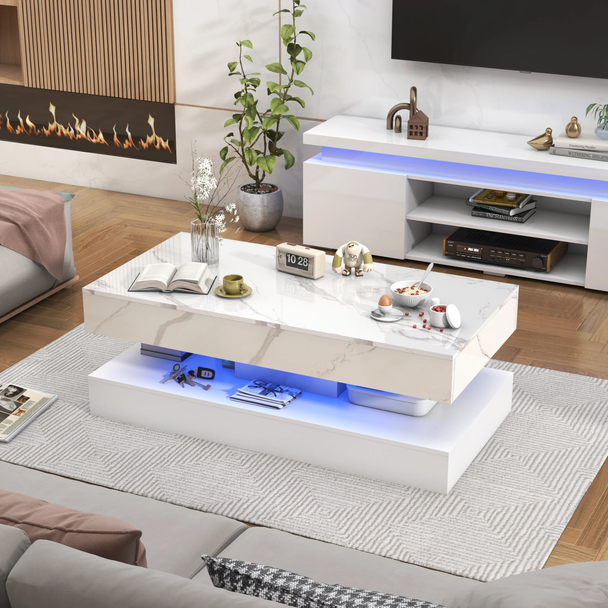 Coffee Table-Modern Stylish Coffee Table with LED lights, Double-Layer Design for Living Room Coffee Table with 2 Storage Drawers