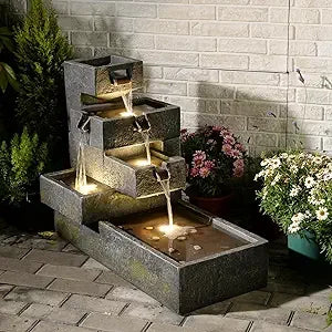 Water Fountain-LEDs Lights, Tiered Outdoor, Garden, Waterfall Indoor, Freestanding, Cascade, Fountain Concrete, Artistry, Modern Style