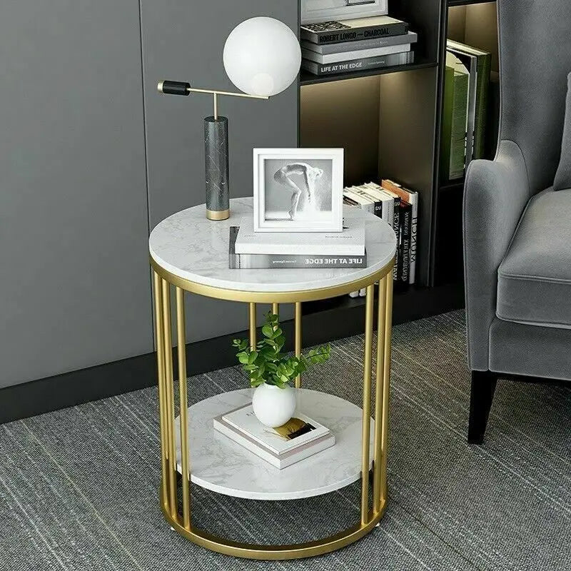 Accent Table- 2-Tier White Marble Side Table, Round Coffee Table, Nightstand, Jewelry Storage