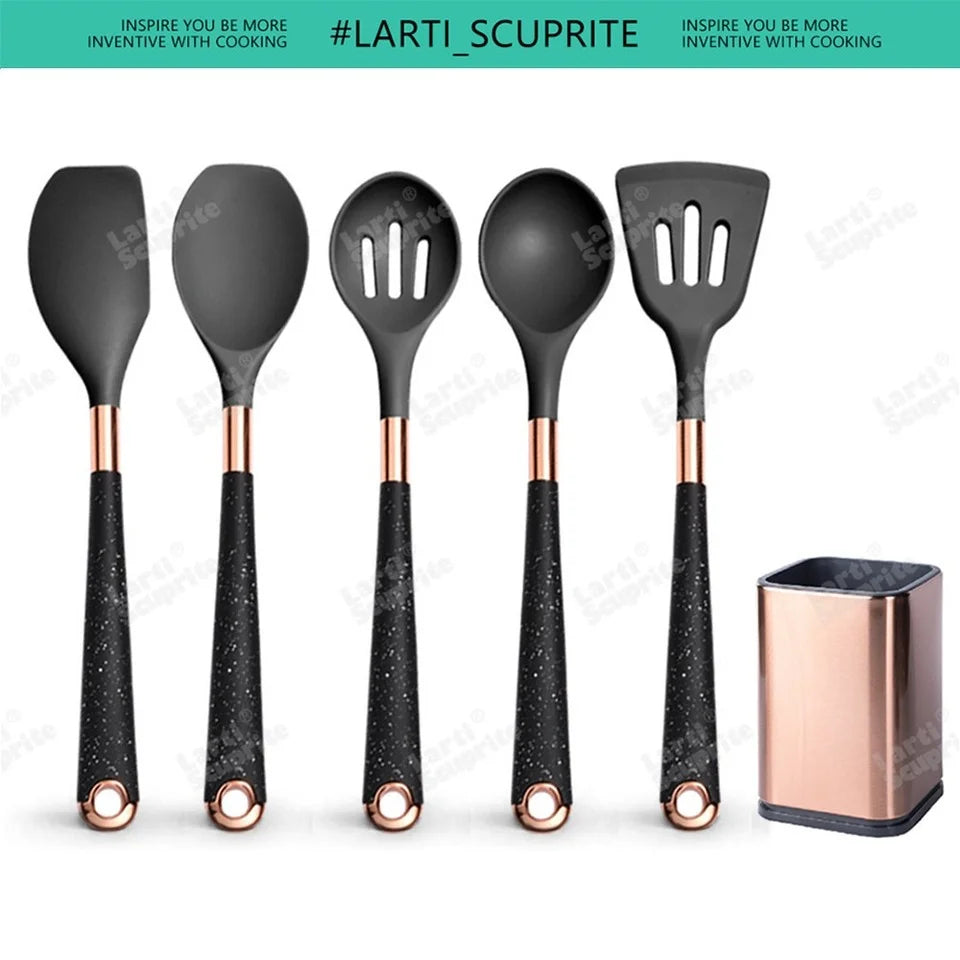 Kitchen- Heat-Resistant Silicone Cooking Set with Gold-Plated Handles – BPA-Free Kitchen Gadgets
