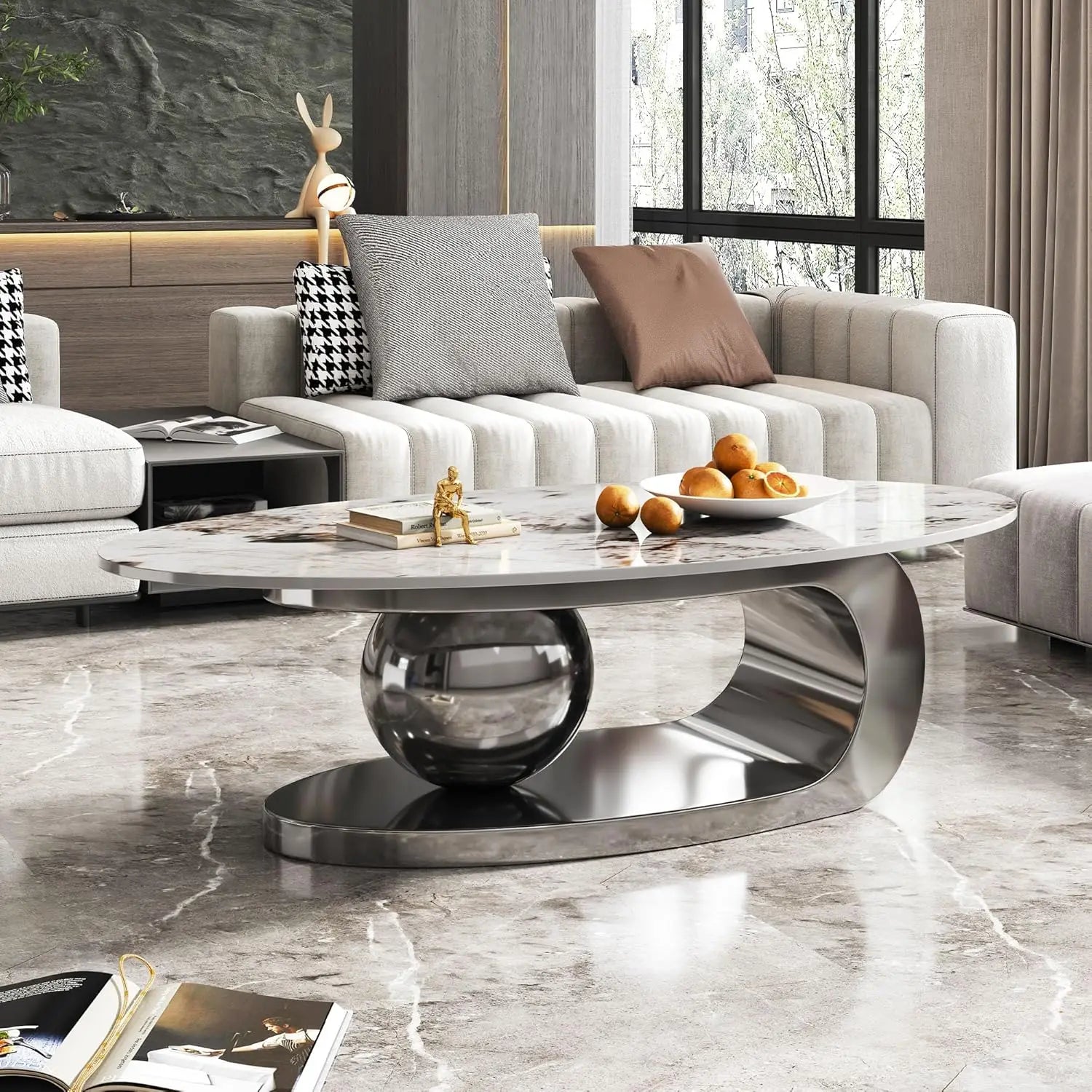 Coffee Table-Modern with Silver Stainless Steel Pedestal, Oval, Living Room Table, with Faux Marble Top, & Luxury, Customized