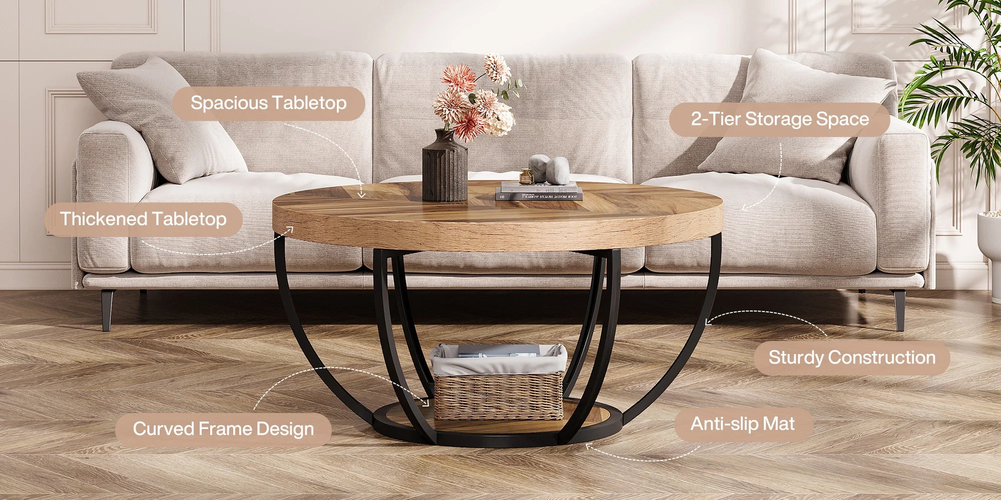 Coffee Table-Tribesigns 31.7 inch Round Coffee Table, Industrial 2-Tier Circle Coffee Table with Storage Shelves, Modern Wooden Accent Table