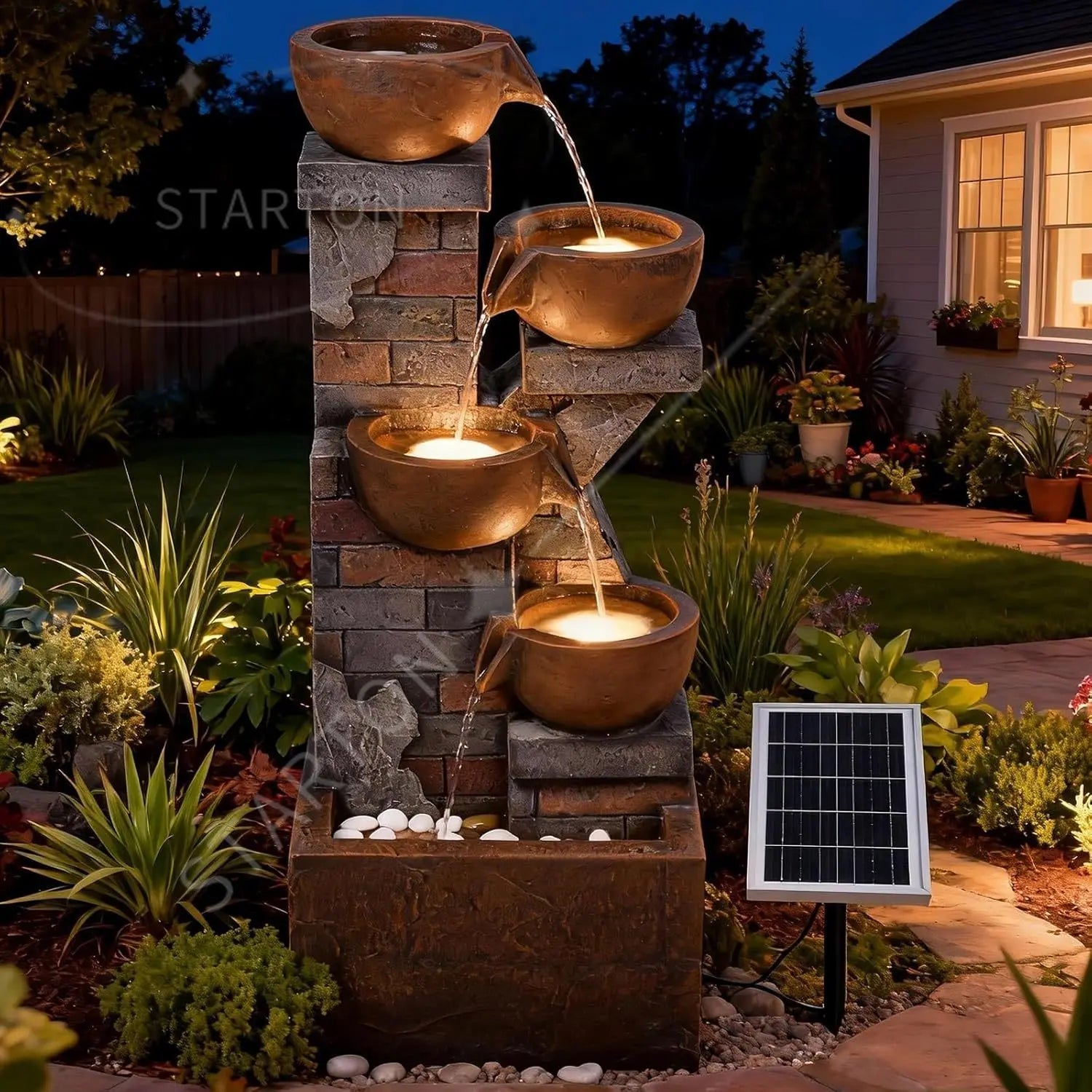 Water Fountain-5 Tiers, Solar, Outdoor, 33.5" H Shape K Waterfall Fountain with LED Lights for Patio, Balconies, Lawns