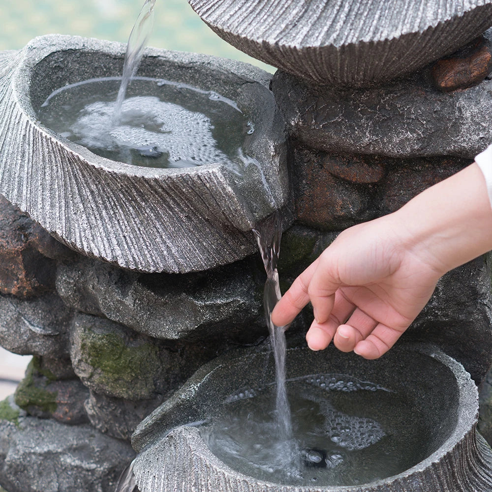 Water Fountain-19x15x31.5" Indoor Outdoor Stone Water Fountain, 4-Tier Polyresin Cascading Rock Bowl Fountain, Freestanding Fountain with LED Ligh