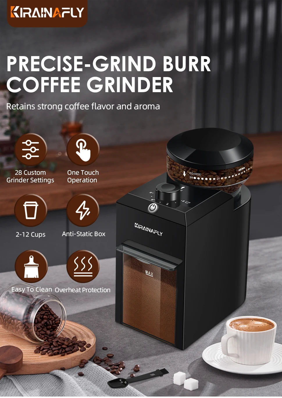 Coffee Grinder with Automatic Burr - 28 Grind Settings for Espresso, French Press & Drip Brewing