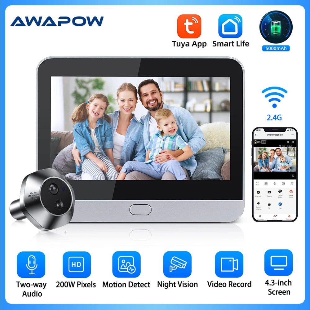 Awapow 4.3" Tuya Smart Doorbell Camera – WiFi Peephole Viewer with PIR Motion Detection & Two-Way Audio