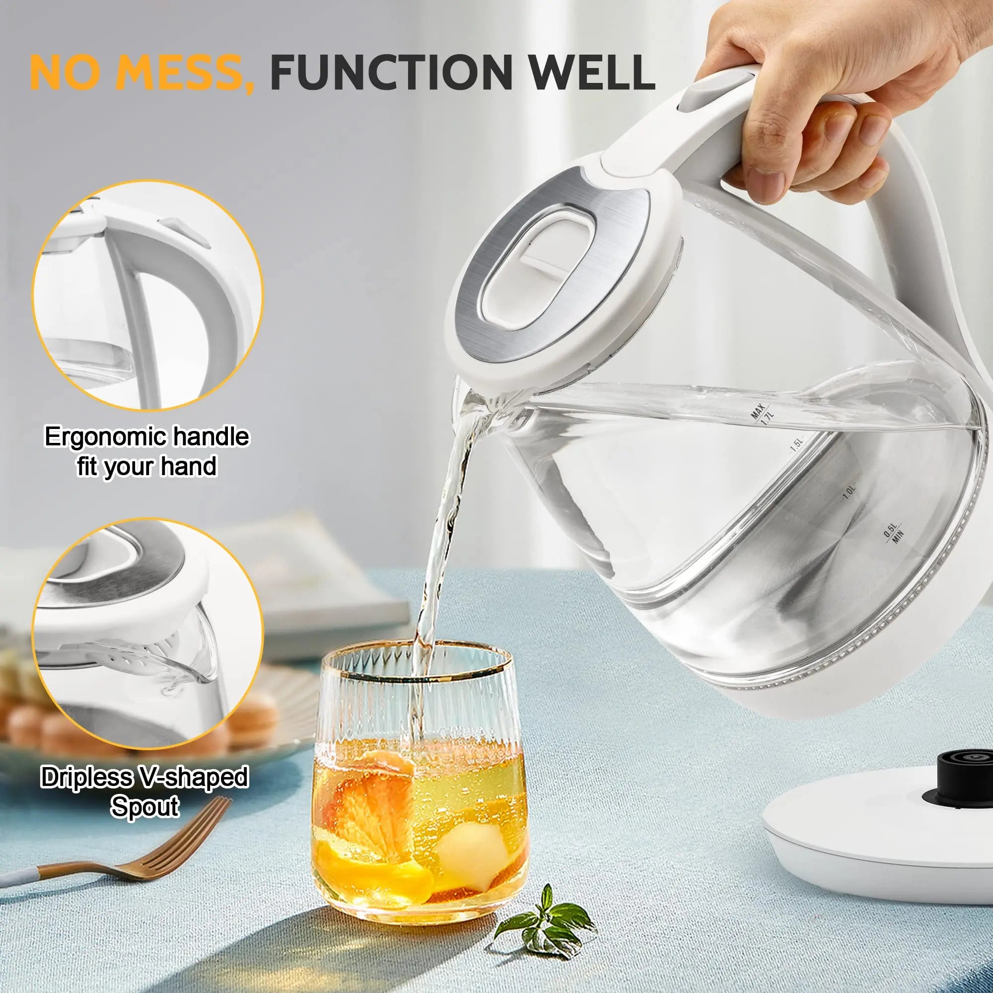 Electric Kettle- Electric Kettle with Water Dispenser - 1.7L Elegant Glass Tea Pot, 1100W Fast Boiling, LED Indicator, Auto-Shutoff