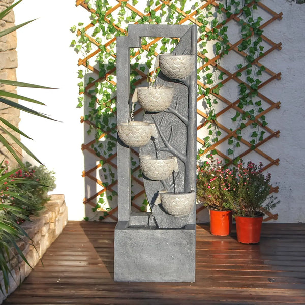 Water Fountain-LED lights, 6 Tier Waterfall, Floor Standing, Indoor/Outdoor, Bowl Stone