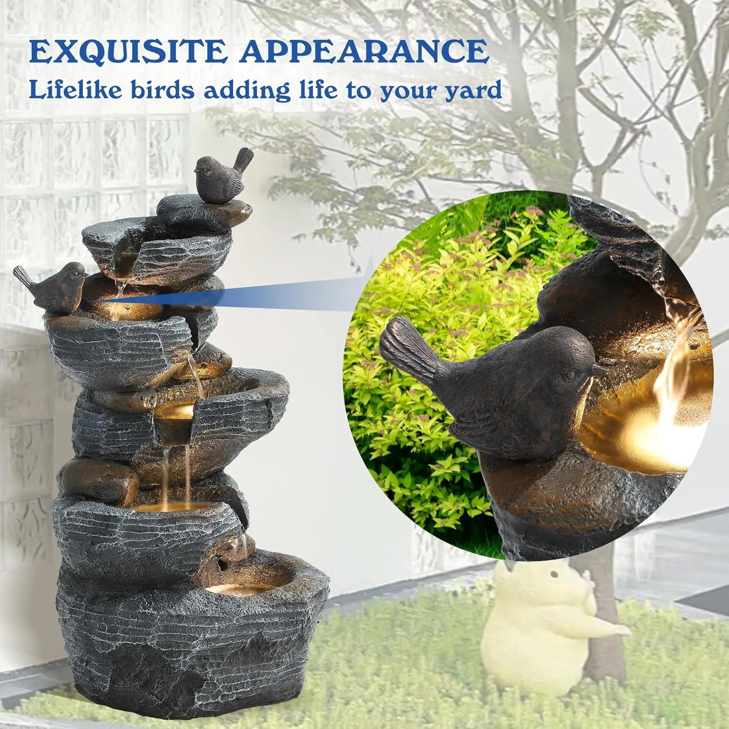 Water Fountain- 5-Tiers Cascading Rock Water Fountain Outdoor - Waterfalls Fountains with LED Lights, Outdoor/Indoor Resin Water Fountain