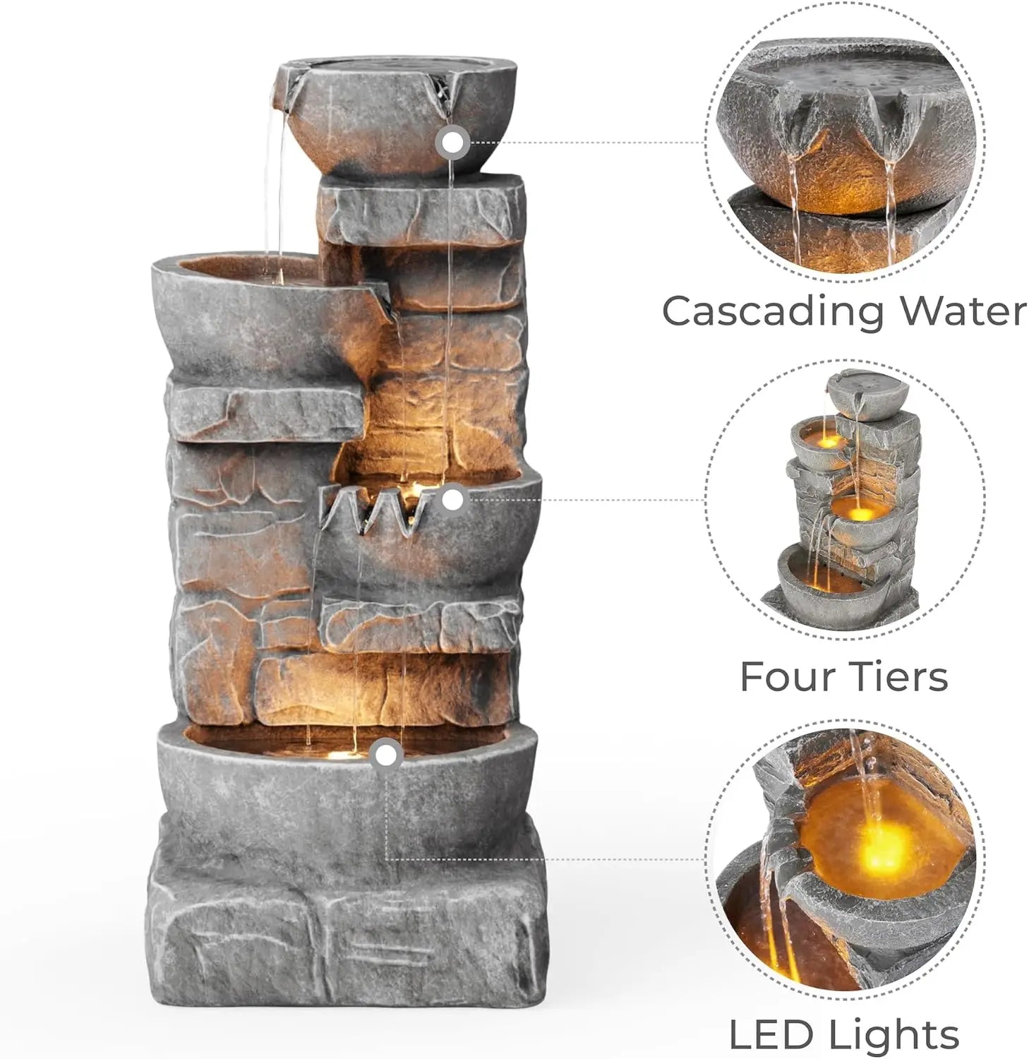 Water Fountain-LED Lights, 33.25 in. Cascading Bowls and Stacked Stones, Gardens, Landscaping, Patios, Balconies, Lawns