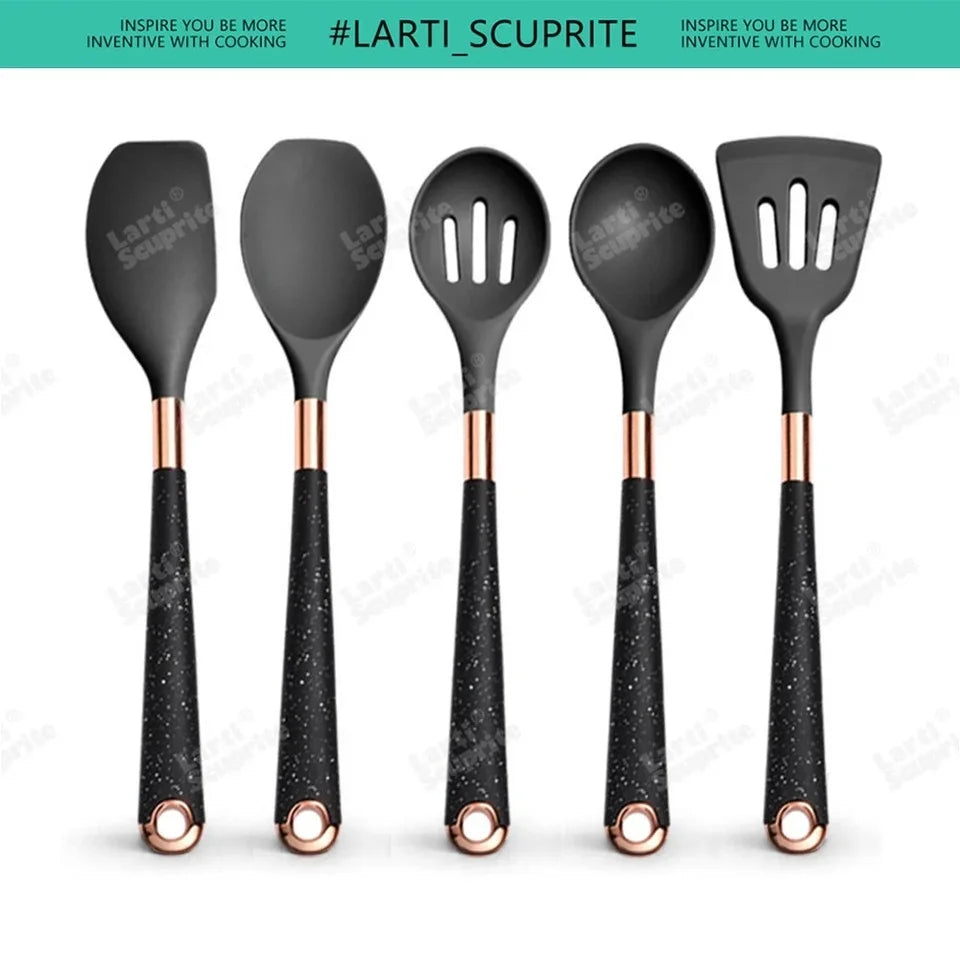 Kitchen- Heat-Resistant Silicone Cooking Set with Gold-Plated Handles – BPA-Free Kitchen Gadgets