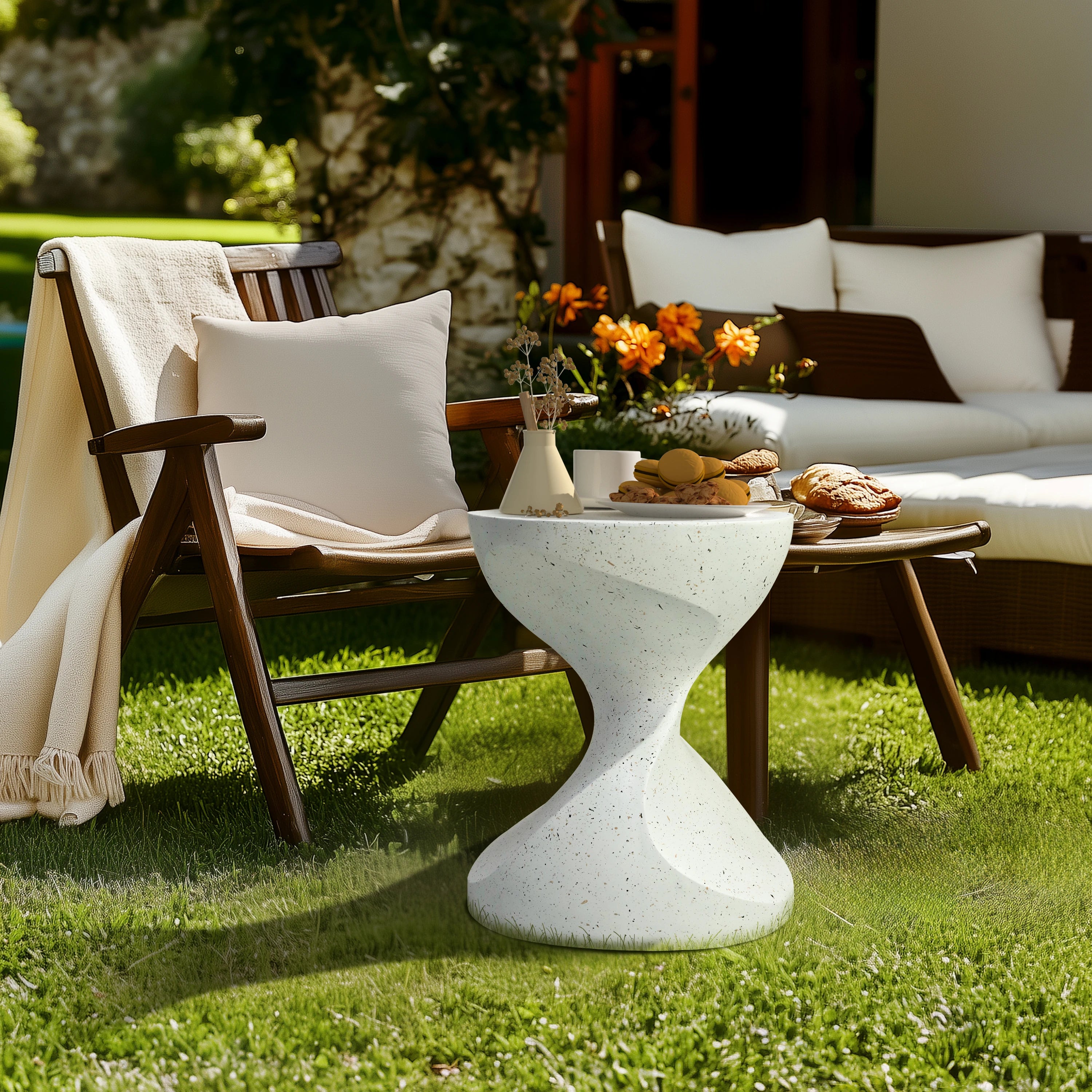 Accent Table-Hourglass Shaped, Lightweight Concrete, Side Table, White Bedside, Accent End Table, Living Room, Balcony
