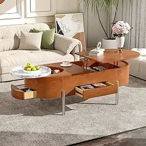 Coffee Table with Lift-Top - Mid Century Modern – 47.2" Oval Fluted Wood with Hidden Storage