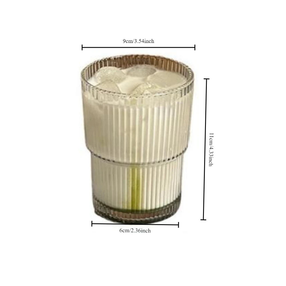 Home Kitchen: Drinkware: Stripe Glass Cup with Lid and Straw Vertical Stripes Design | Iced Coffee Cups | Drinking Glasses for Juice, Milk, Tea