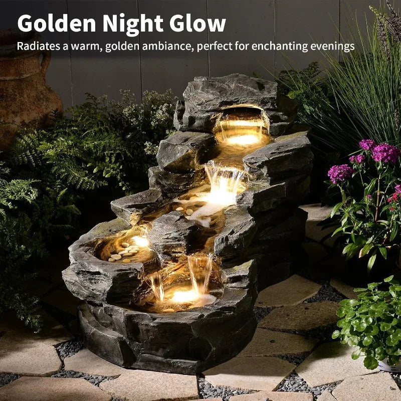 Water Fountain-LED Lights, Rock Natural Waterfall, Garden Outdoor, Floor Standing 37 in, 5-Tiers, Patio