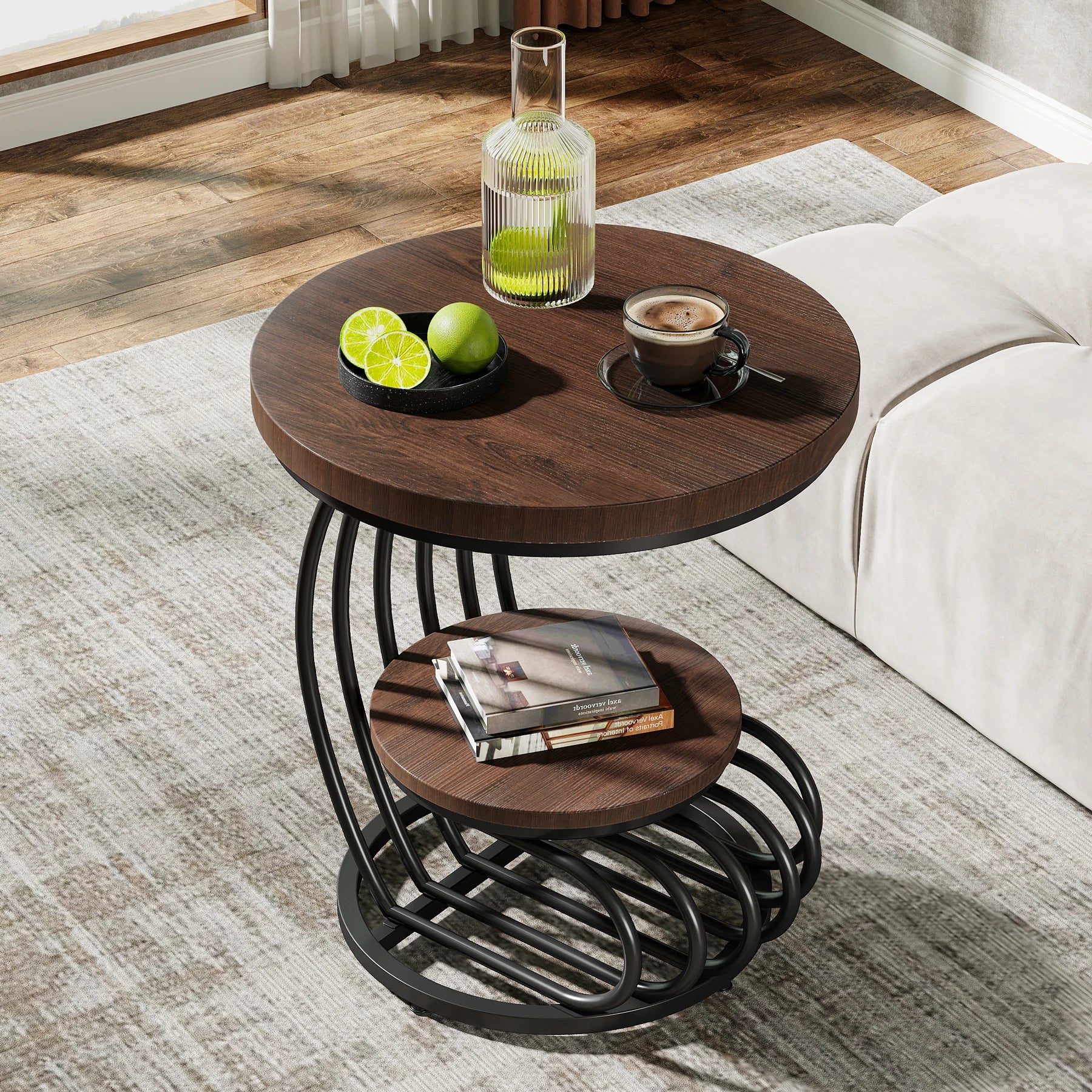 End Table-Tribesigns Gold Round Table, 2 Tiers Faux Marble Side Table, Table with Storage Shelf, Modern White Gold Bedside Table