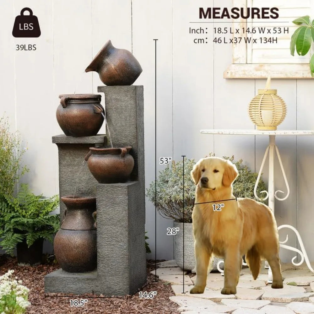 Modern Cascading Garden Fountain 53" – Four-Tier Waterfall Crocks with Warm Glow Lighting for Outdoor Decor