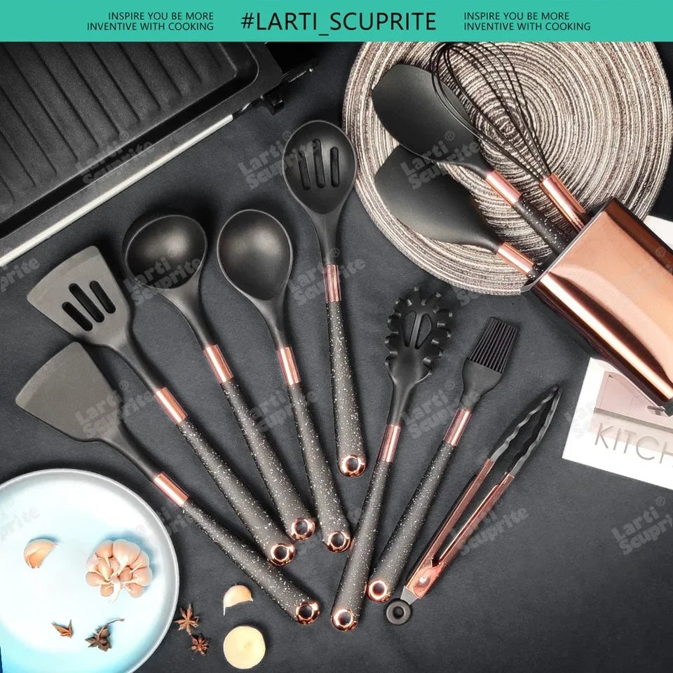Kitchen- Heat-Resistant Silicone Cooking Set with Gold-Plated Handles – BPA-Free Kitchen Gadgets