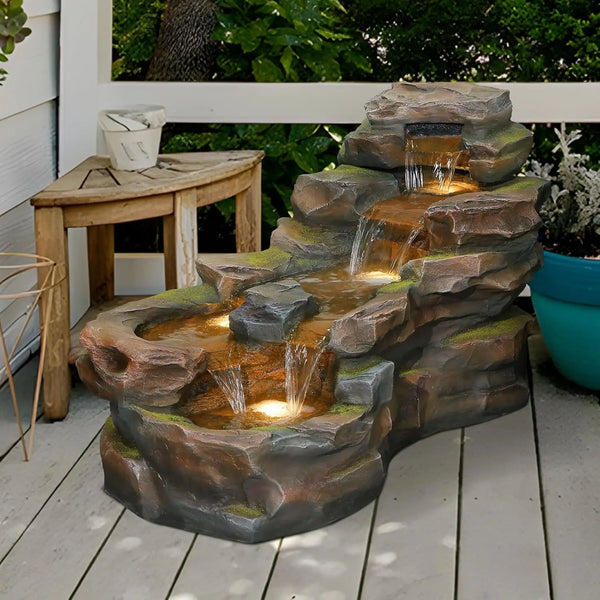 Water Fountain-LEDs Lights, Outdoor, Floor Standing, 5-Tiers, Rock Natural, Waterfall, Garden