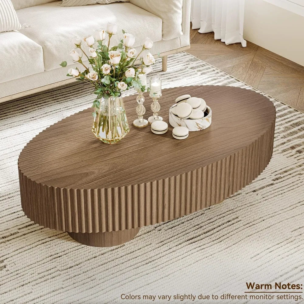 Coffee Table – Oval Fluted - Modern Walnut Finish Olive-Shaped Drum for Living Room