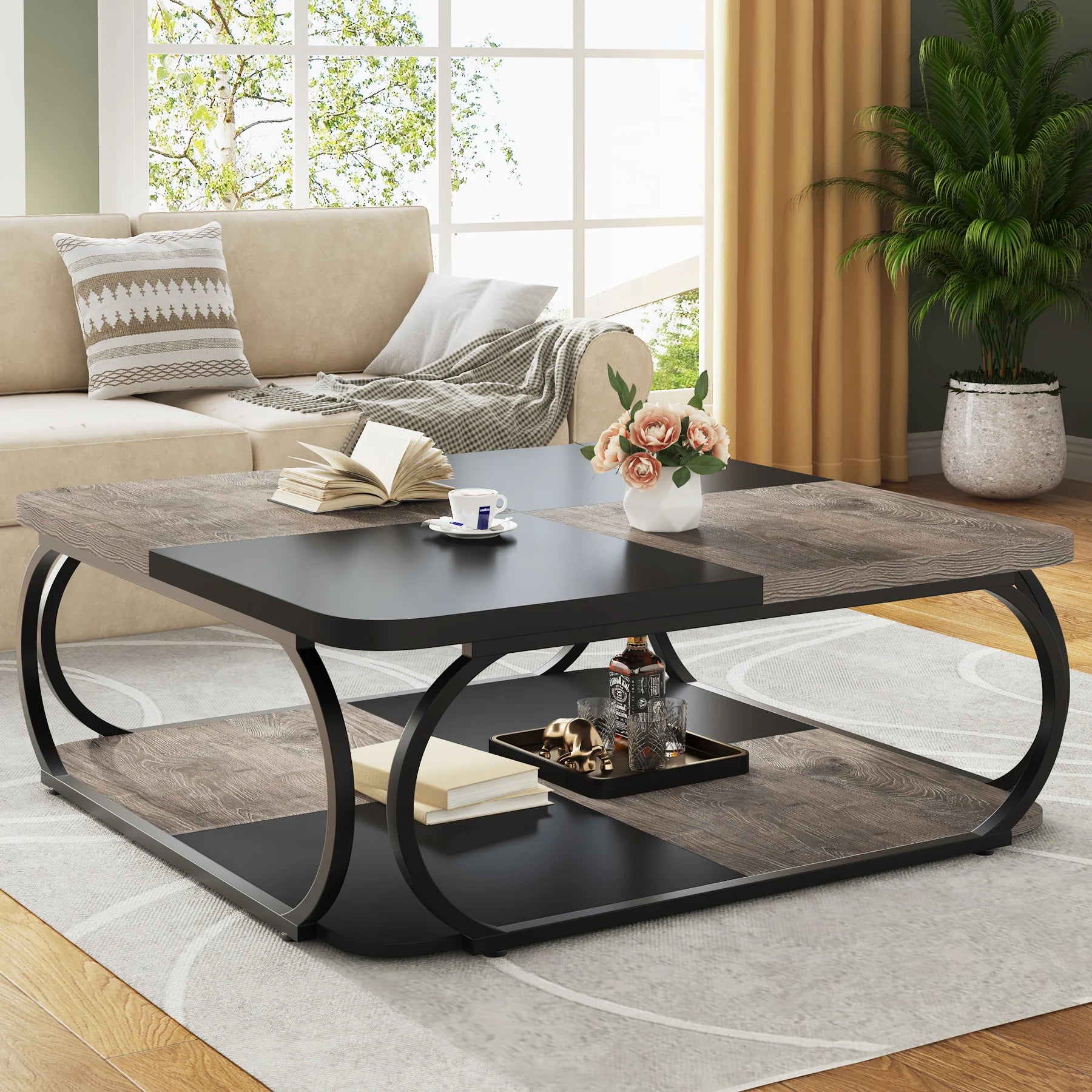 Coffee Table-Tribesigns Square Coffee Table, with 2 Tiers, 40 inches, Low Farmhouse Coffee Table, with Wood Storage Shelf, Heavy Duty Metal Curve