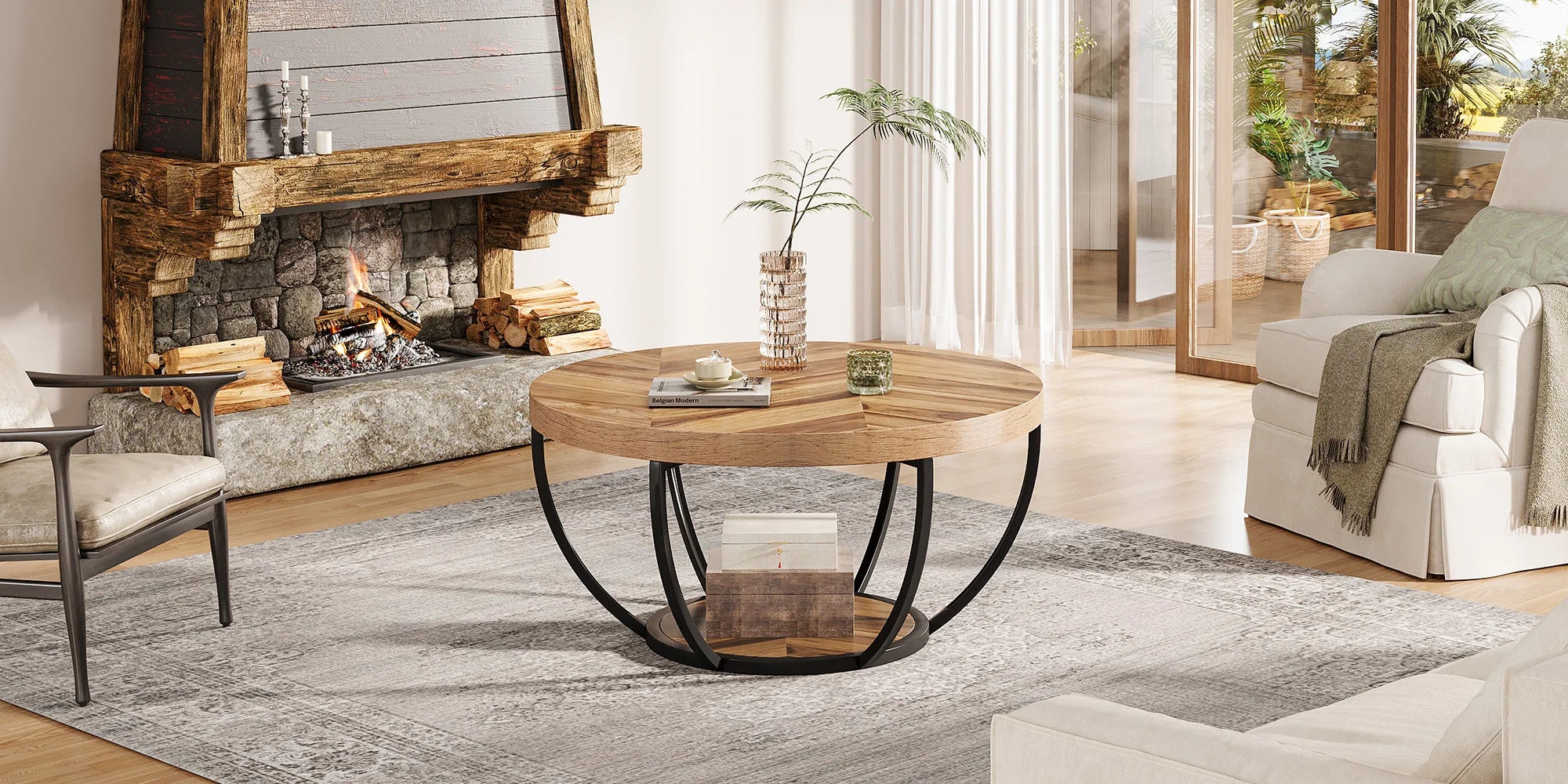 Coffee Table-Tribesigns 31.7 inch Round Coffee Table, Industrial 2-Tier Circle Coffee Table with Storage Shelves, Modern Wooden Accent Table