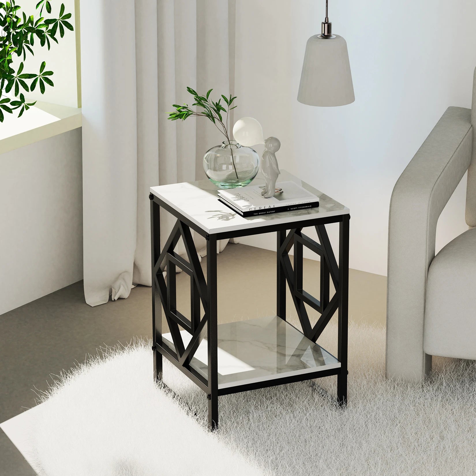 End Table-White Marble Top Side Table, Bedside Nightstand, Black Coated Frame Table