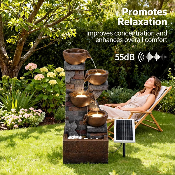 Water Fountain-LED Lights, 5 Tiers, Solar, Outdoor, 33.5" H Shape K Waterfall Fountain for Patio, Balconies, Lawns