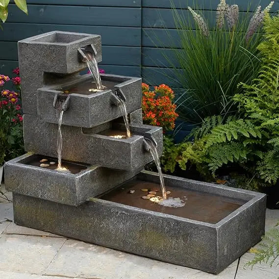 Water Fountain-LEDs Lights, Tiered Outdoor, Garden, Waterfall Indoor, Freestanding, Cascade, Fountain Concrete, Artistry, Modern Style