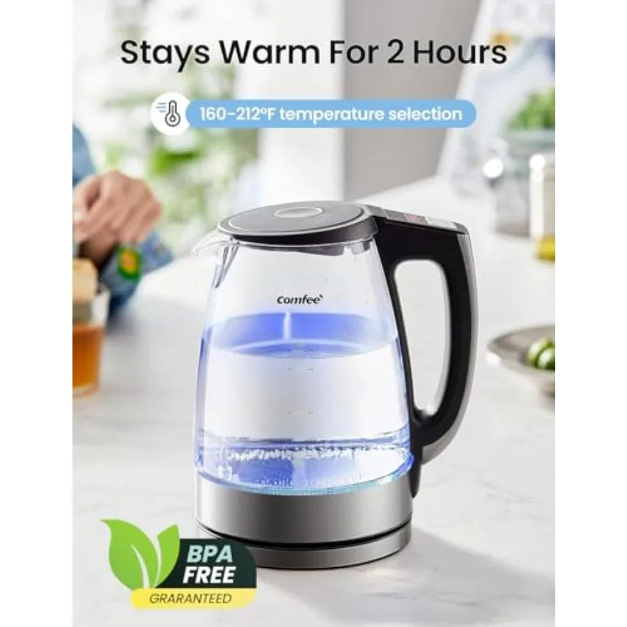 Electric Kettle-1.7L Glass Electric Tea Kettle, 304 Stainless Steel Filter, 6 Temperature Presets, Fast Heating, 2-Hour Keep Warm, Auto-Off