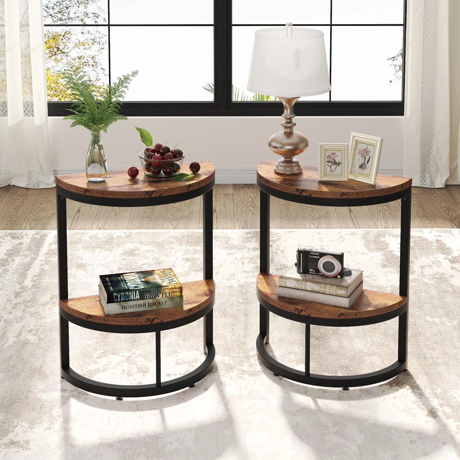 End Table-Semi Circle, Small Half Round, Side Table with Storage Shelf, Accent Table, Slim C Table for Sofa Couch, Tribesigns