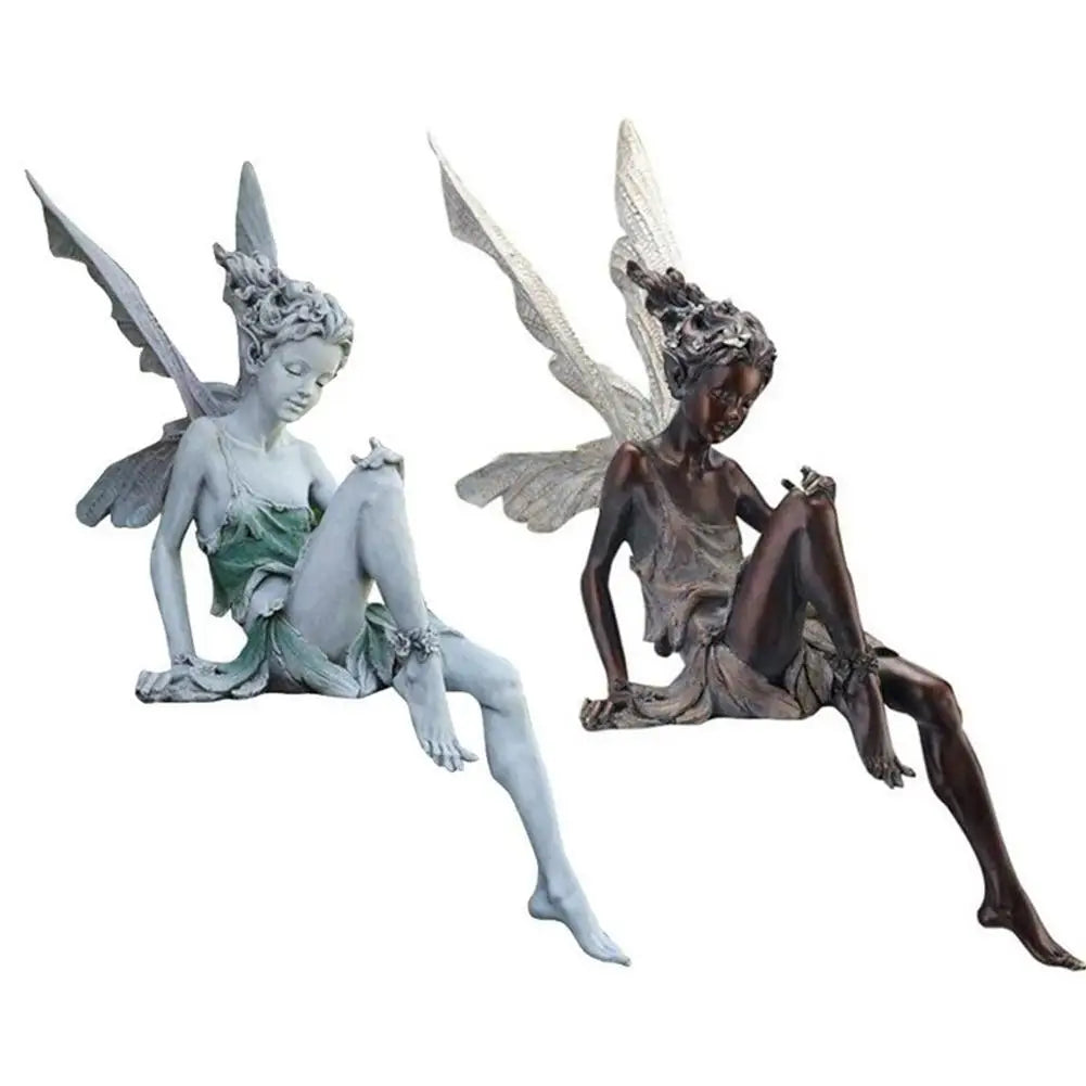 Figurines-Flower Fairy Resin Statue Decoration Outdoor Garden Angel Girl Sitting Figurines Sculpture Landscaping Yard Art Ornament