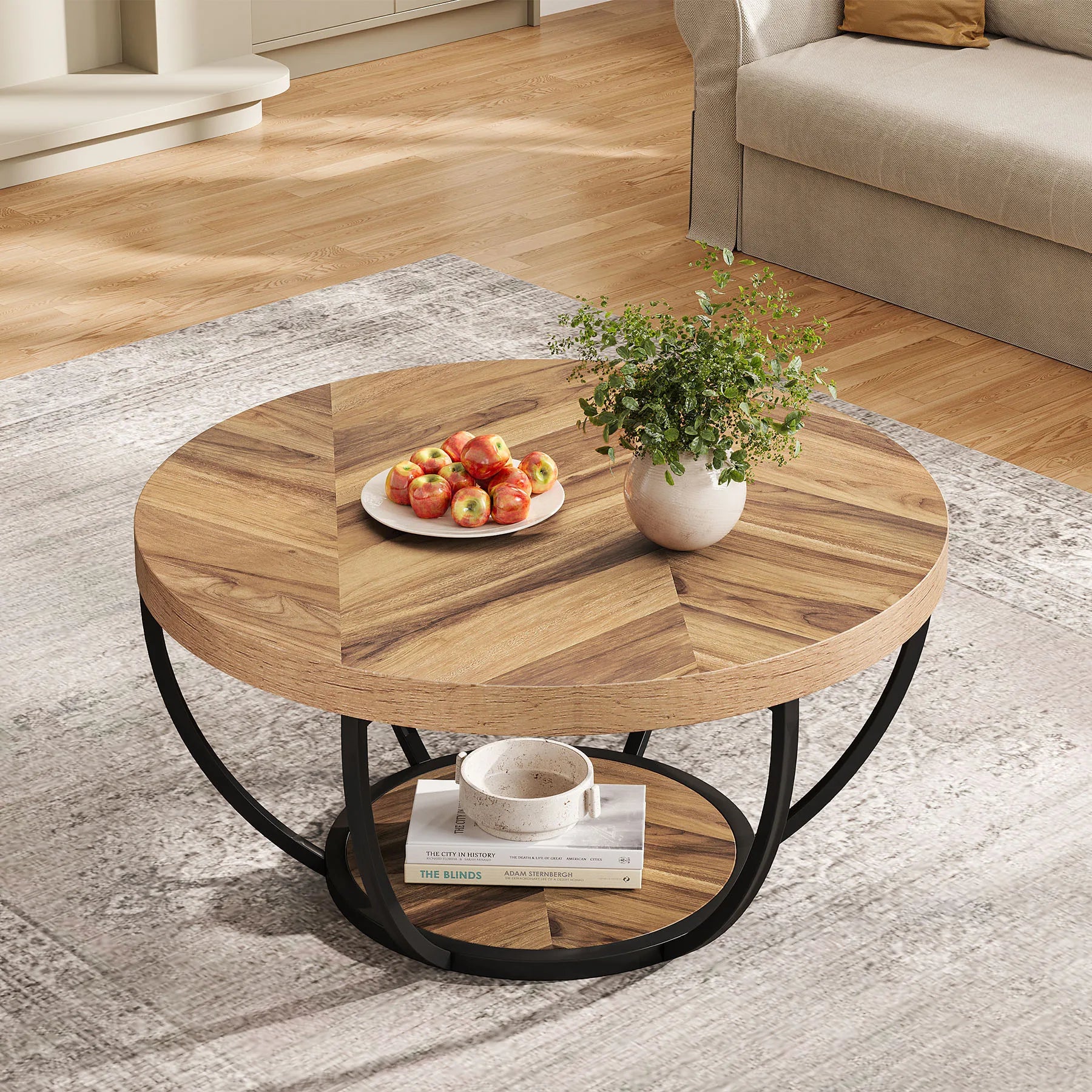 Coffee Table-Tribesigns 31.7 inch Round Coffee Table, Industrial 2-Tier Circle Coffee Table with Storage Shelves, Modern Wooden Accent Table