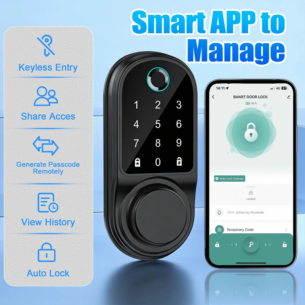 Electronic Lock-Bluetooth Smart Deadbolt Lock Keyless Entry Fingerprint Door Lock with Touch Keypad, IC Card, Physical Key, APP Remote, Temporary Code, Auto Lock, Door / Home Apartment Rental